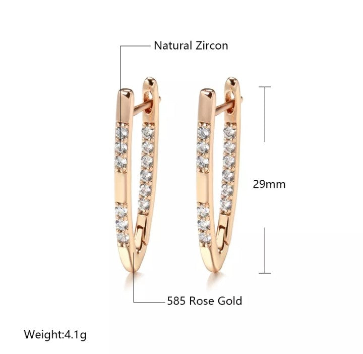 Rolled RG 585 Rose Gold  White Zirconia Earrings Hoops English Lock