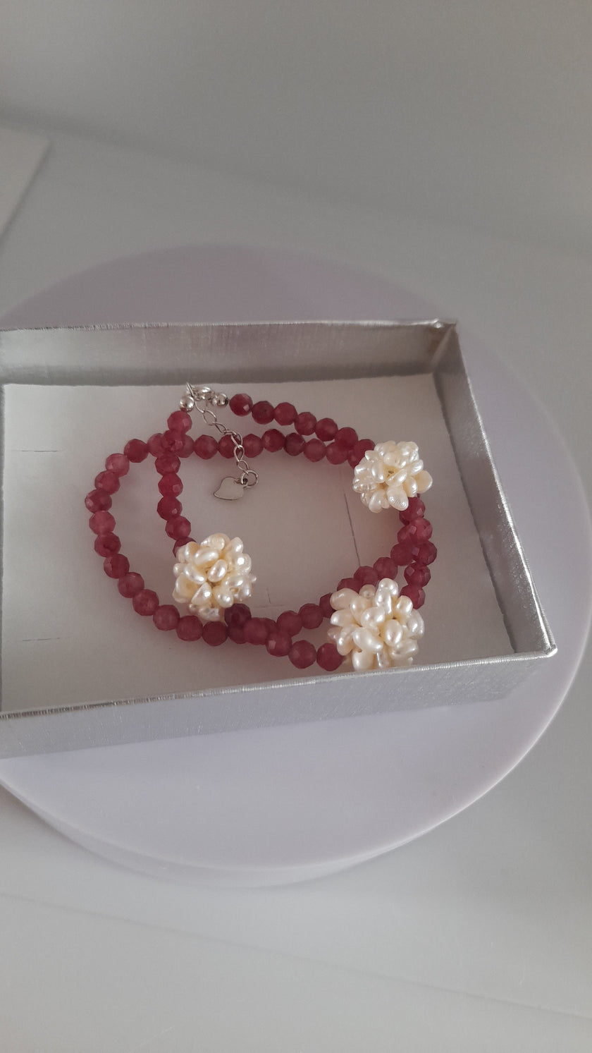 Pink Rubellite Pearl Charm Beads  925 Sterling Silver Bracelet Set