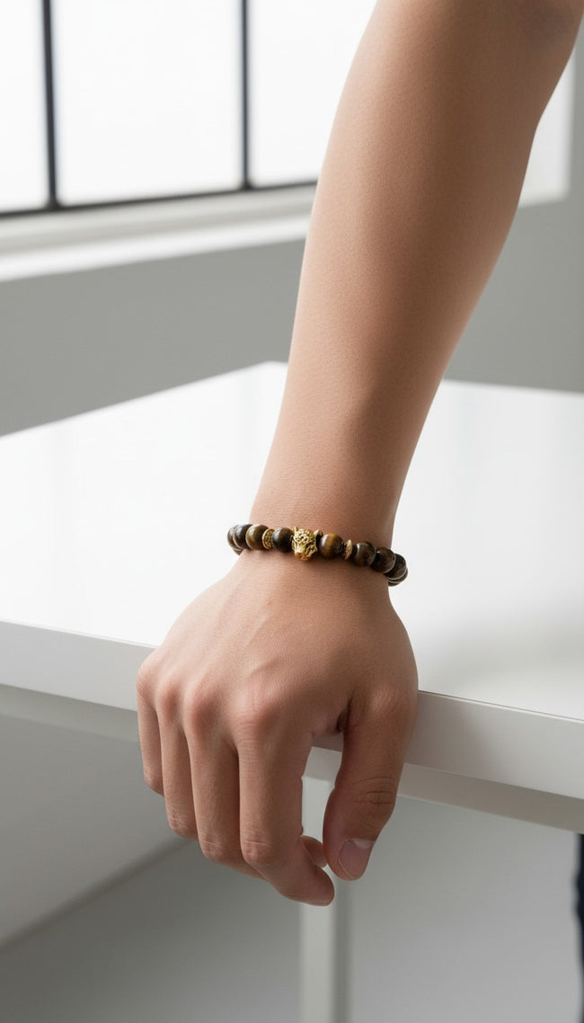 Gold Tiger Charm Tiger Eye - Natural Gemstone Bracelet