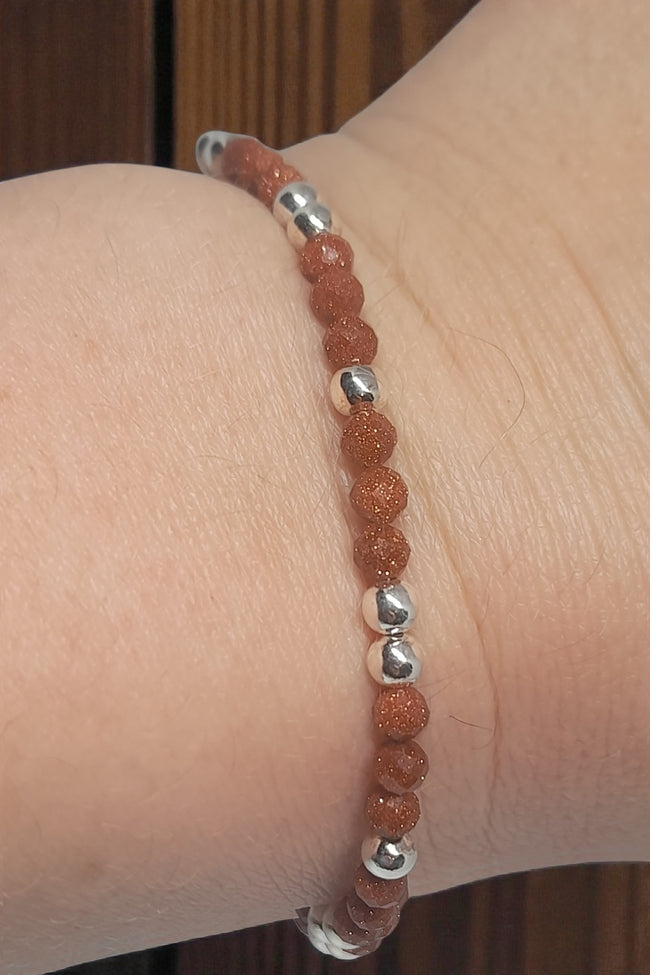Genuine 925 sterling silver 4 mm sandstone ball beads charm bracelet