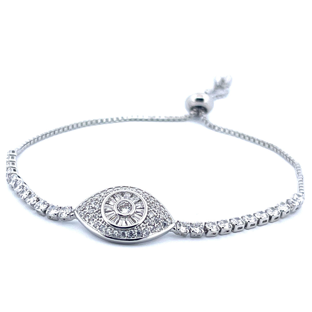 Sterling Silver 925 Evil Eye Tennis Slider Bracelet with White Moissanite