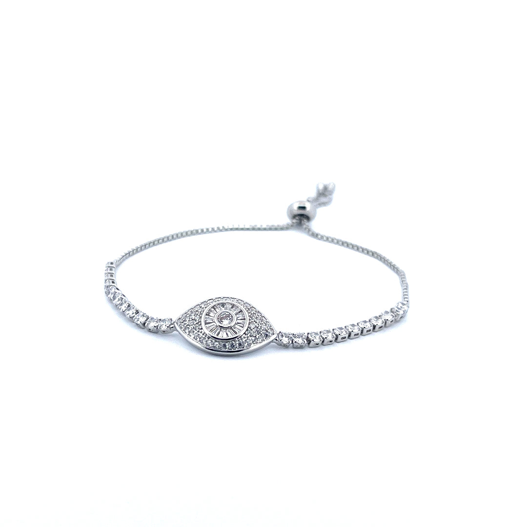 Sterling Silver 925 Evil Eye Tennis Slider Bracelet with White Moissanite