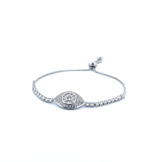 Sterling Silver 925 Evil Eye Tennis Slider Bracelet with White Moissanite